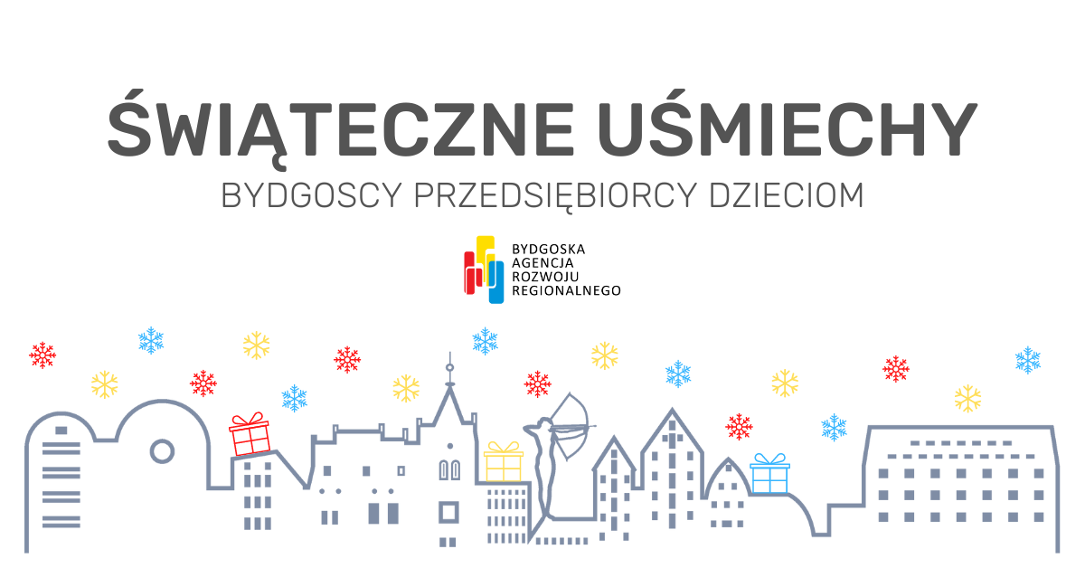 Swiateczne_usmiechy_1200x628 napis świąteczne uśmiechy, bydgoscy przedsiębiorcy dzieciom na tle graficznej panoramy miasta bydgoszczy
