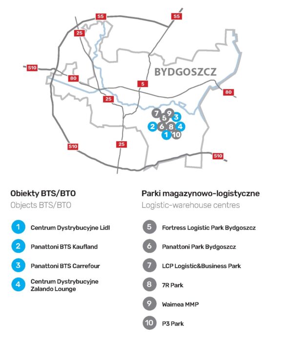Konturowa mapa Bydgoszczy, pokazane umiejscowienie głównych centrów logistyczno-magazynowych. Wszystkie obiekty umiejscowione są w południowo-wschodniej części Bydgoszczy.