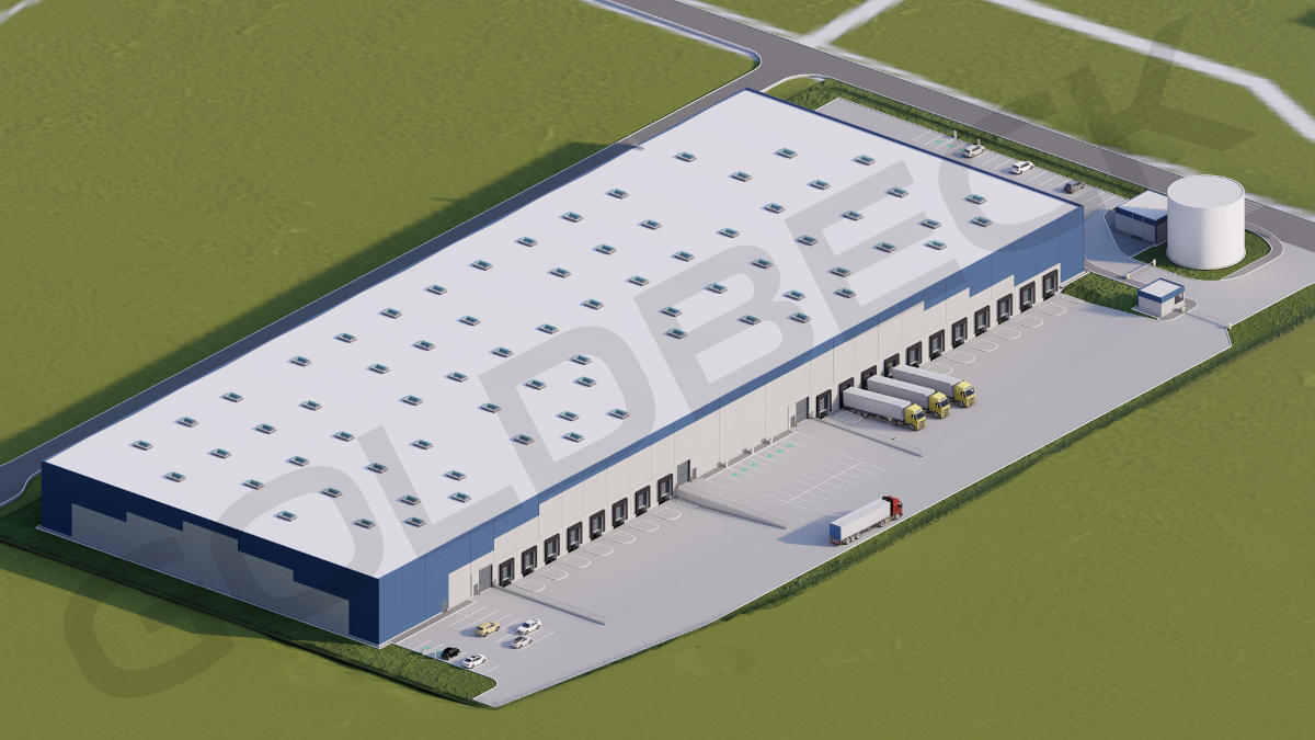 widok z góry na cały budynek i plac załadunkowy. Hala w kształcie prostokąta Widocznych 19 bram załadunkowych